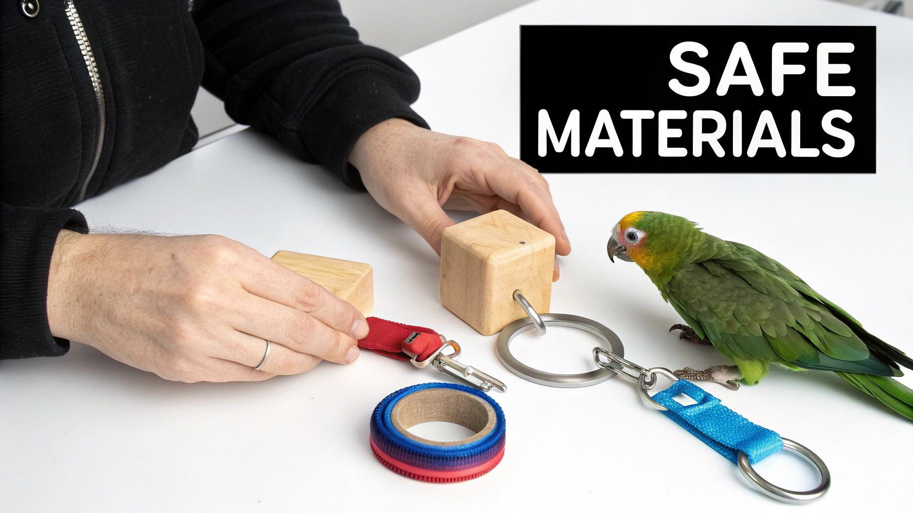 A parrot observes hands making bird toys from safe wooden blocks, metal rings, and colorful straps.