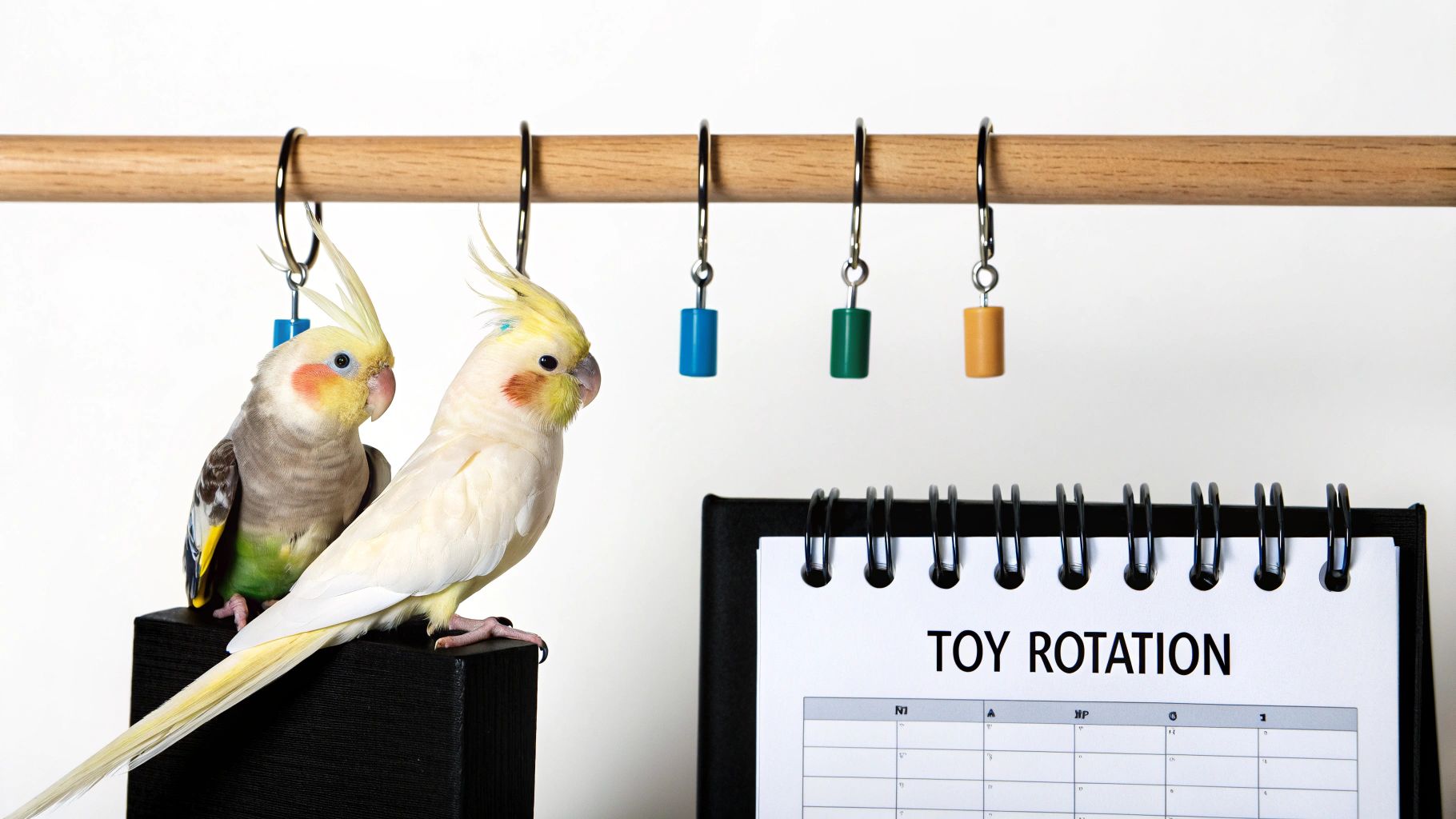 Two cockatiels with yellow crests near hanging bird toys and a 'Toy Rotation' calendar.
