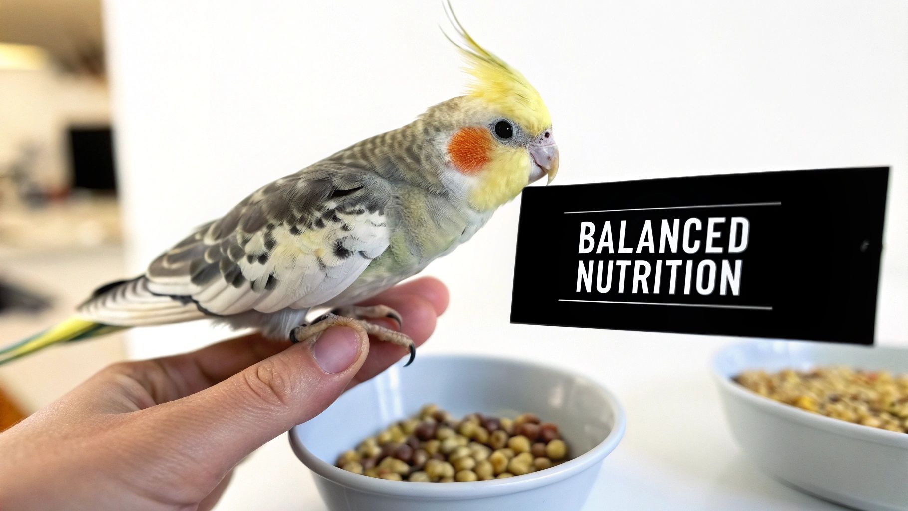 A cockatiel bird perched on a human hand next to bowls of pellets and a 'Balanced Nutrition' sign.