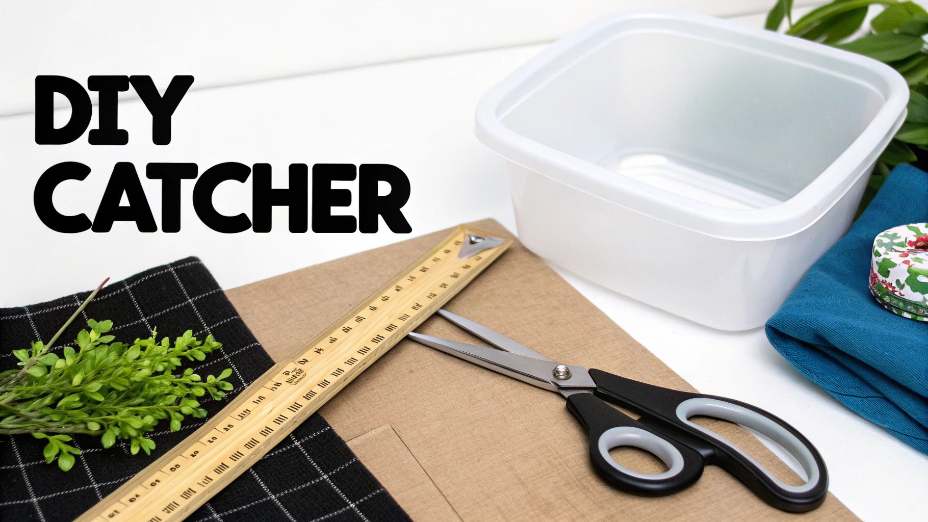 DIY supplies including scissors, ruler, plastic container, and craft paper on a white surface.