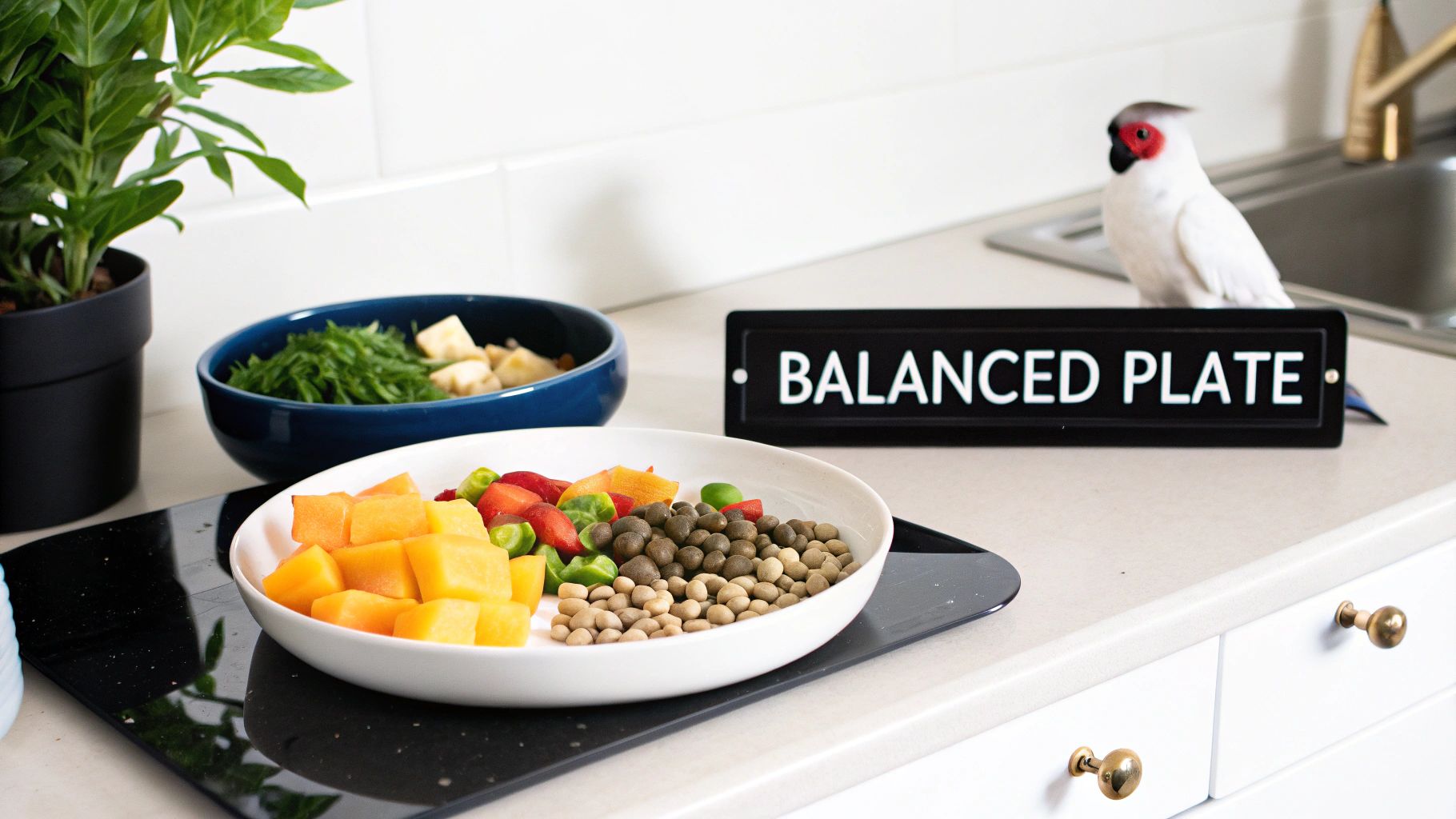 A white parrot watches a "Balanced Plate" of colorful diced fruits and pellets on a kitchen counter.