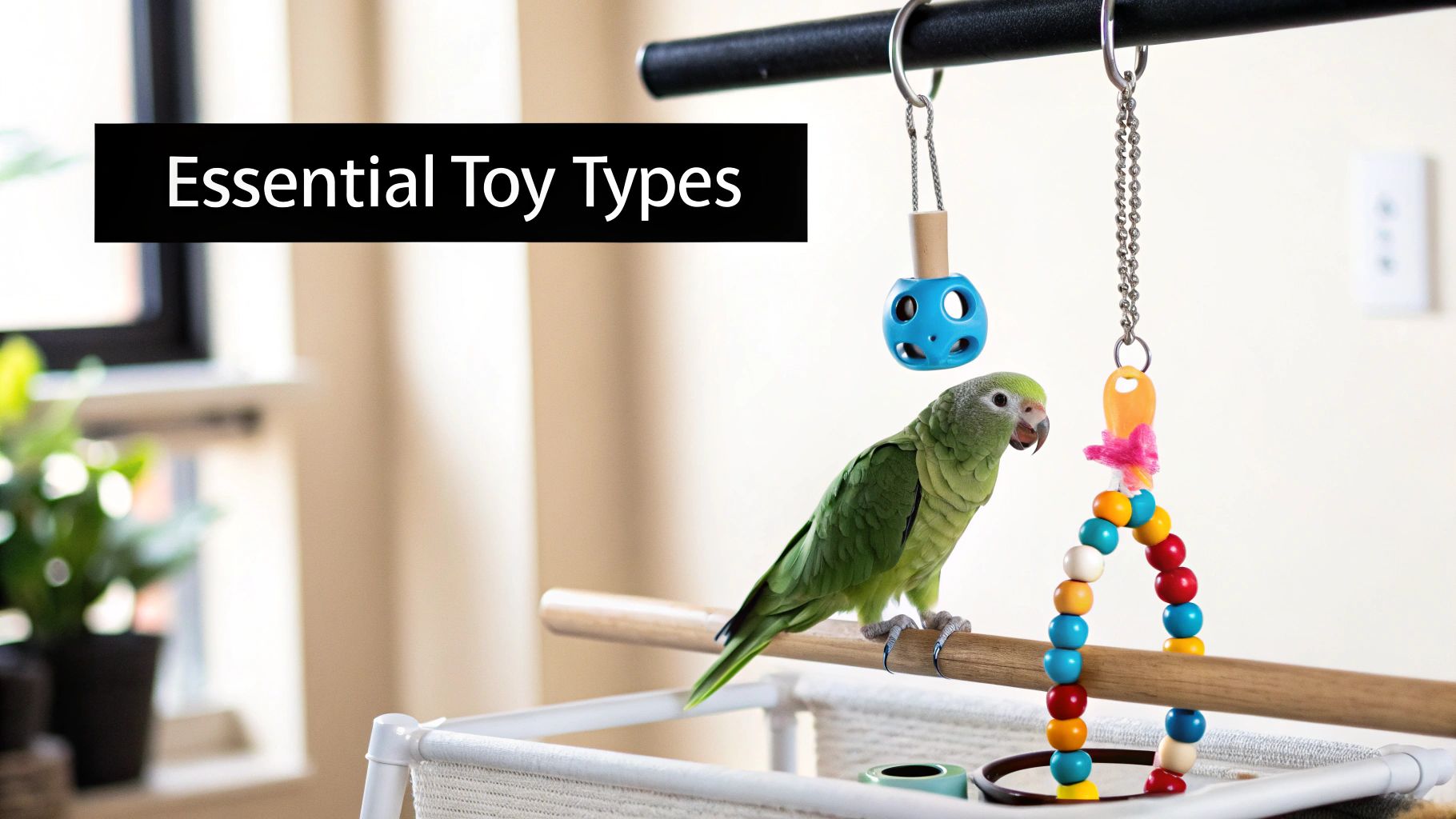 A green parrot perches on a wooden bar next to colorful essential bird toys.