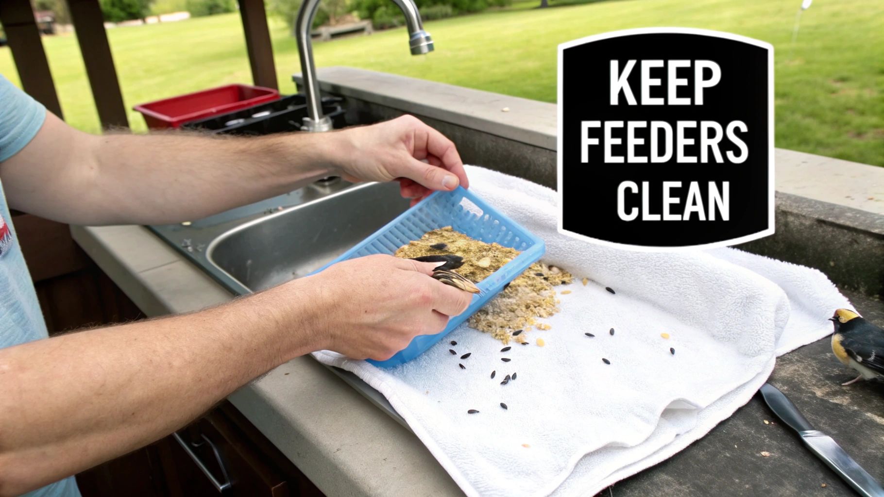 A person wearing gloves carefully cleaning a no mess bird feeder with a brush and water.