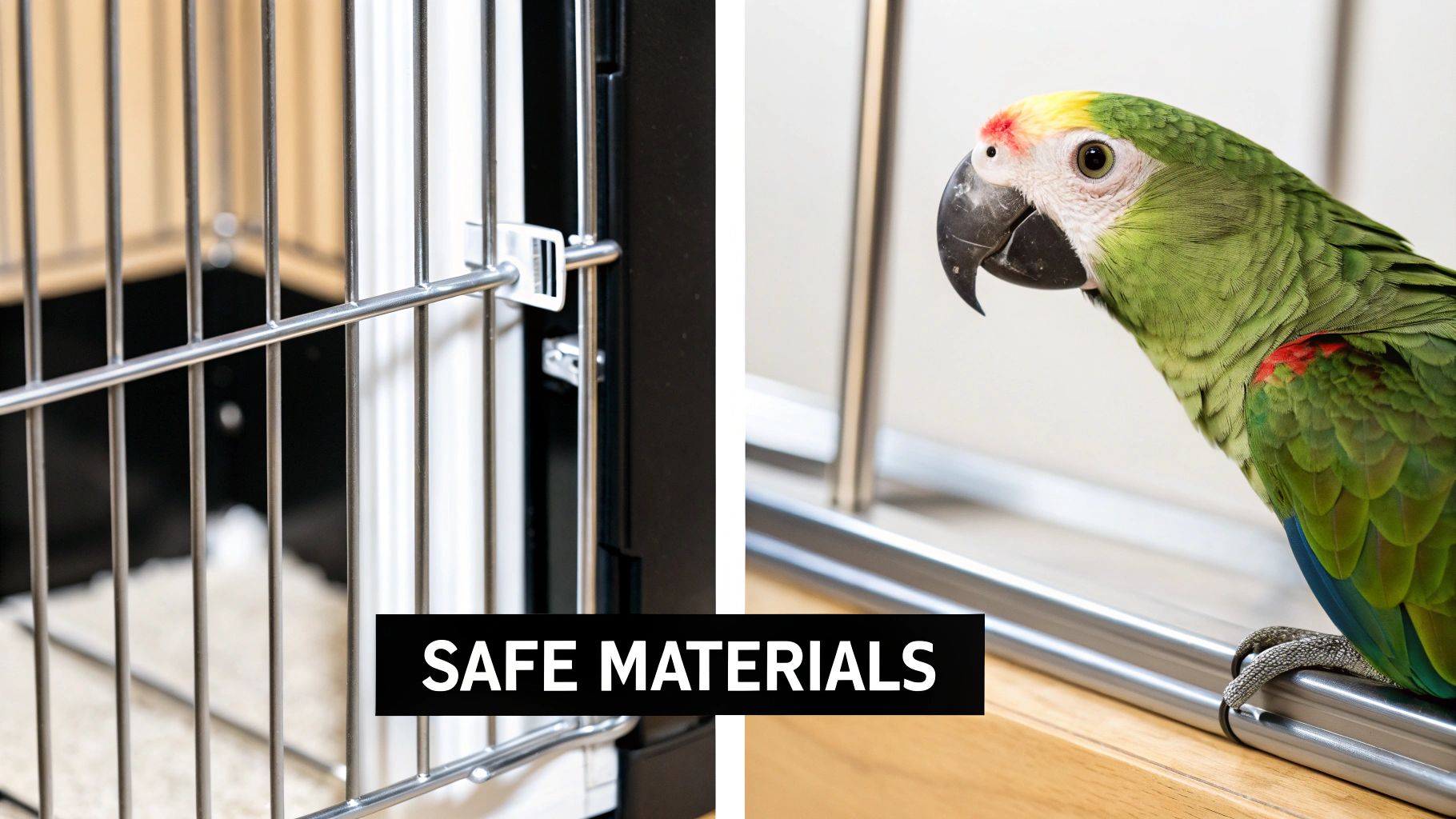 A vibrant green parrot with red and yellow head feathers perches near a modern metal cage, highlighting safe materials.
