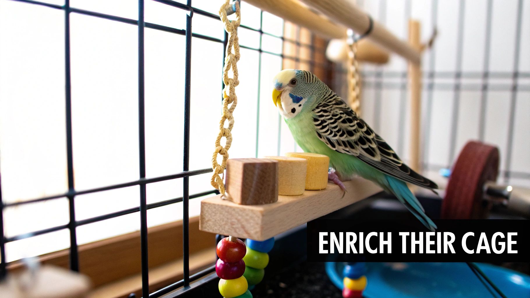 A green and black budgie sits on a wooden swing with colorful toys in its cage.