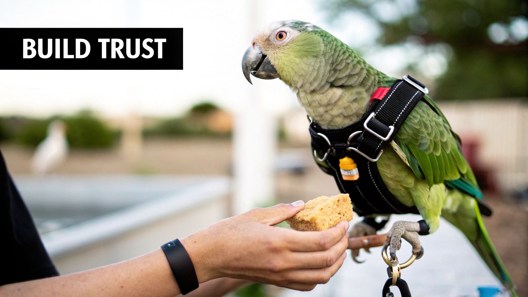 A person hand-feeding a treat to a green parrot wearing an aviator harness. Text: BUILD TRUST.