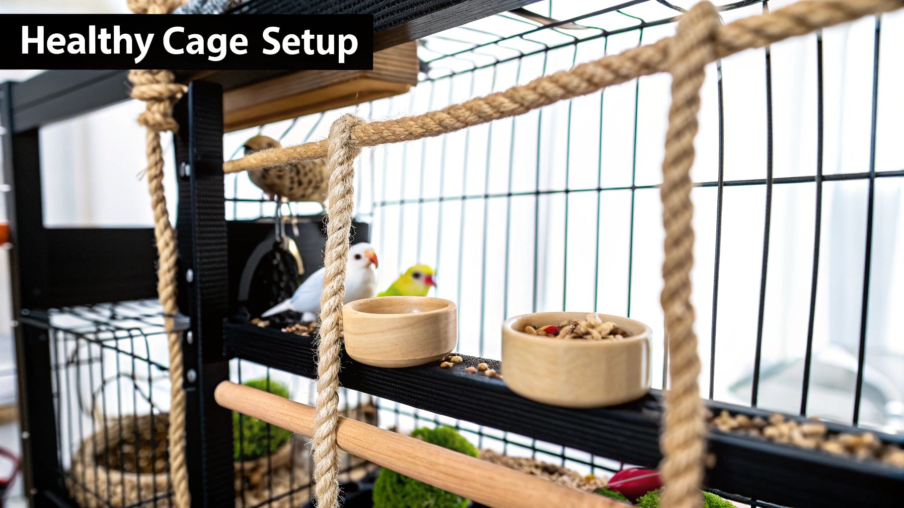 A healthy, multi-level bird cage setup with several small birds, ropes, and feeders.