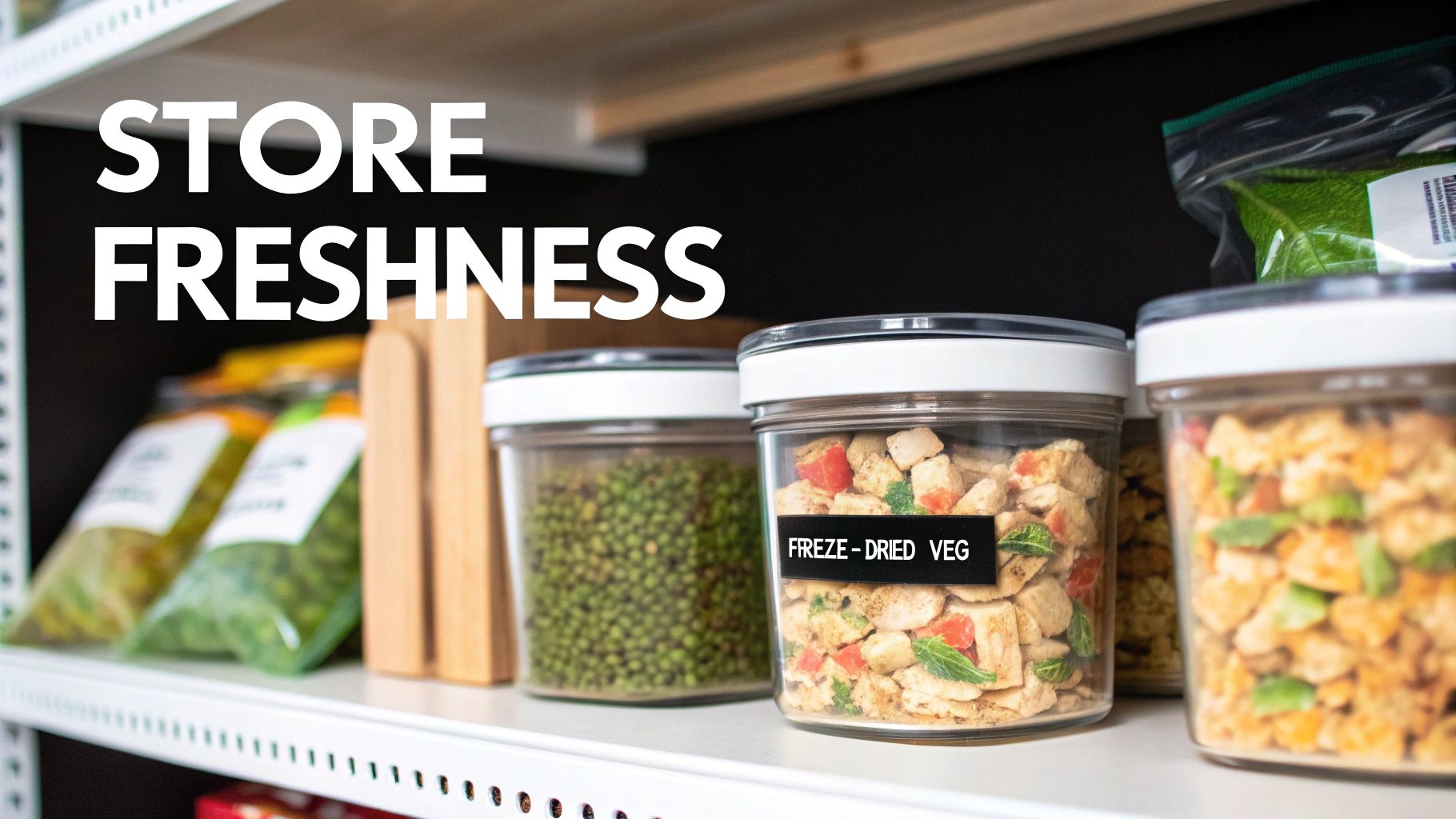 A neatly organized pantry shelf featuring clear containers of freeze-dried vegetables and other dry goods.