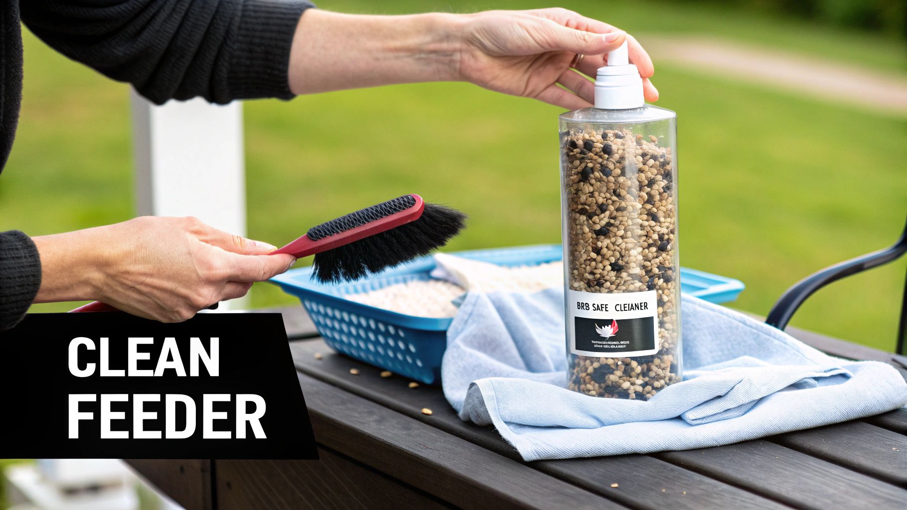 Person cleaning a bird feeder with a brush, next to a container of bird seed and a blue basket.