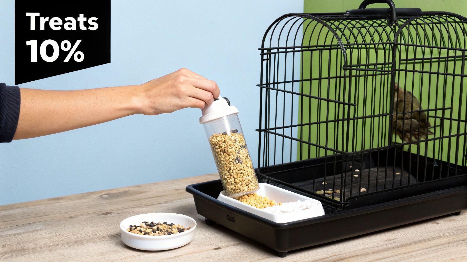 A hand fills a bird feeder with golden millet into a cage containing a small bird. Treats 10% banner.