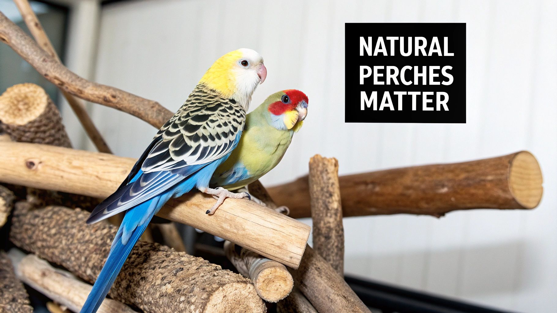 Two colorful pet birds, a yellow and blue parrot and a red and green parrot, perch on natural wooden branches.