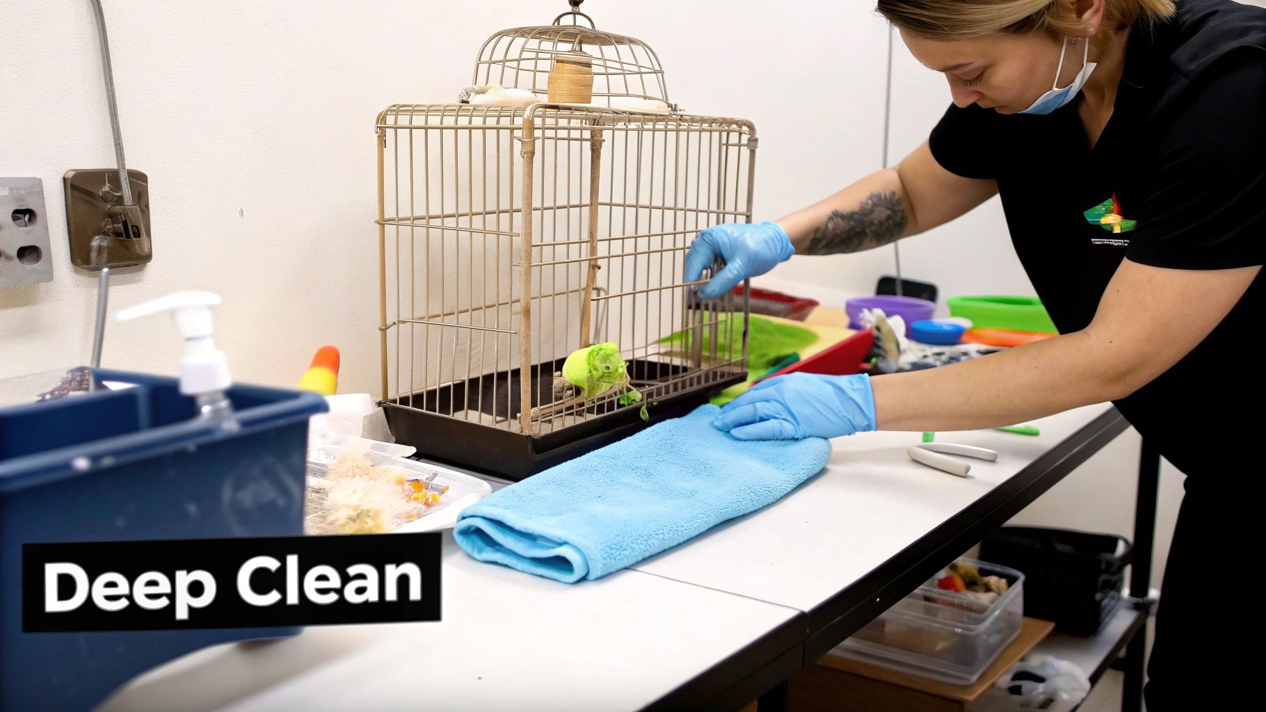 A person in blue gloves and a mask is diligently cleaning a bird cage on a white table.