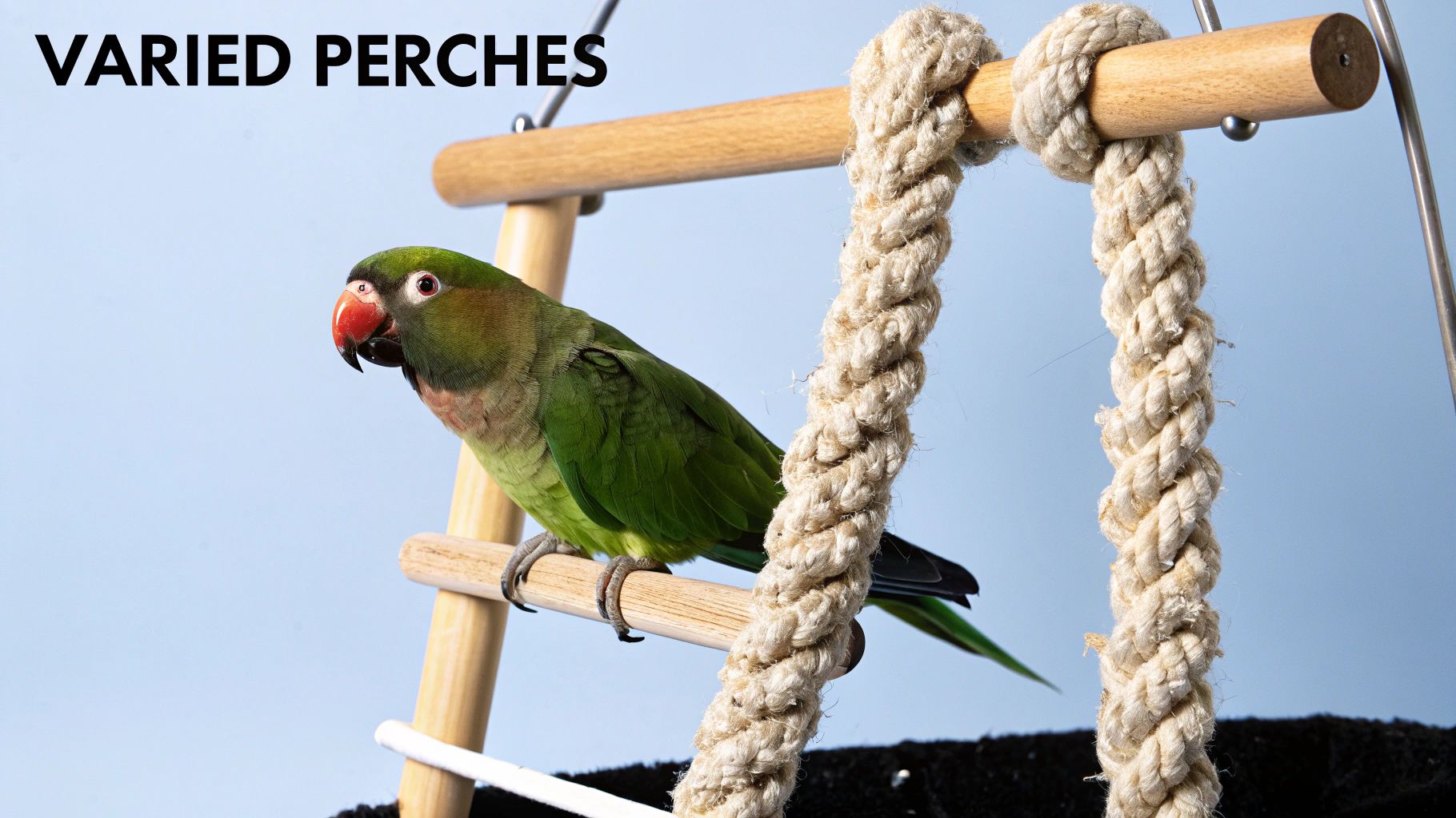 A small, colourful parrot is perched on a natural wooden branch inside its cage, surrounded by toys.