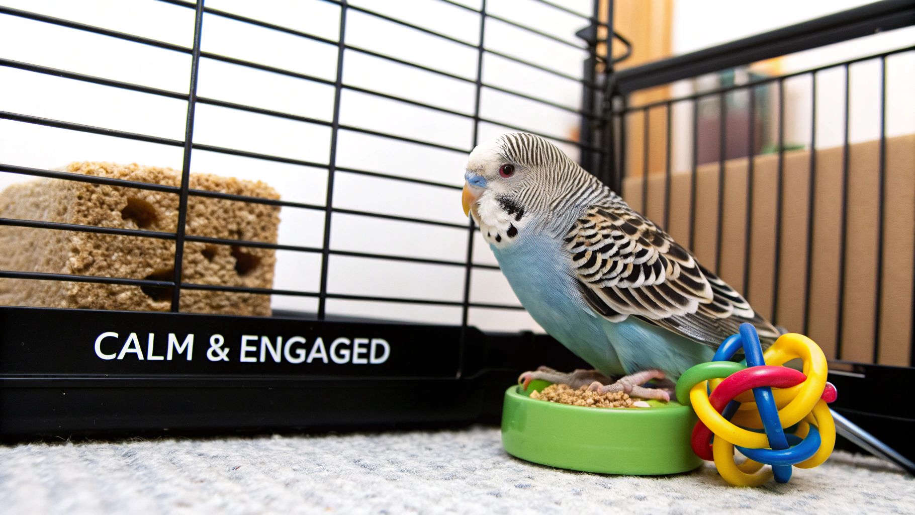 A blue and white budgie standing in a green food bowl inside a black wire travel cage.