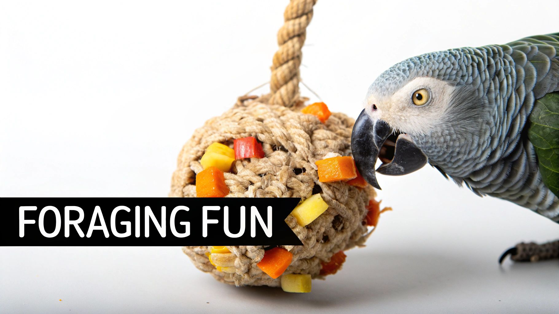 A Grey Parrot pecks at a natural rope foraging toy filled with colorful freeze-dried fruit and vegetable pieces.