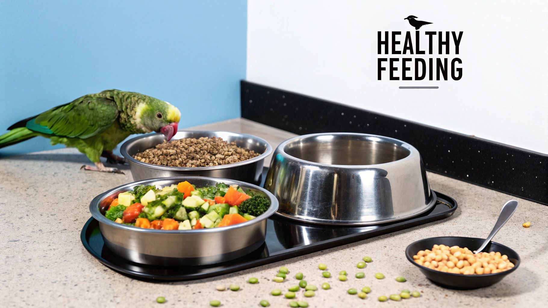 A parrot eating colourful vegetables from a stainless steel bowl.