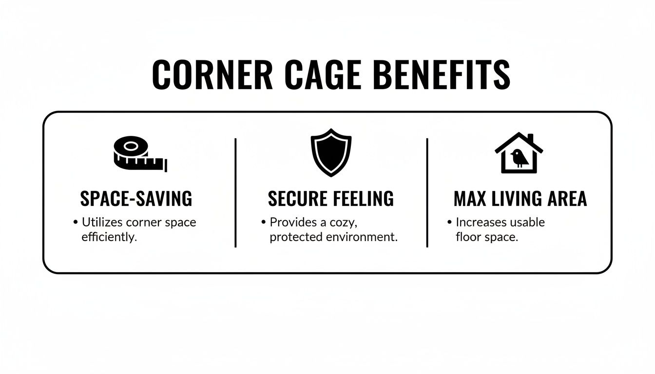 Infographic showing three benefits of a corner cage: space-saving, secure feeling, and max living area.