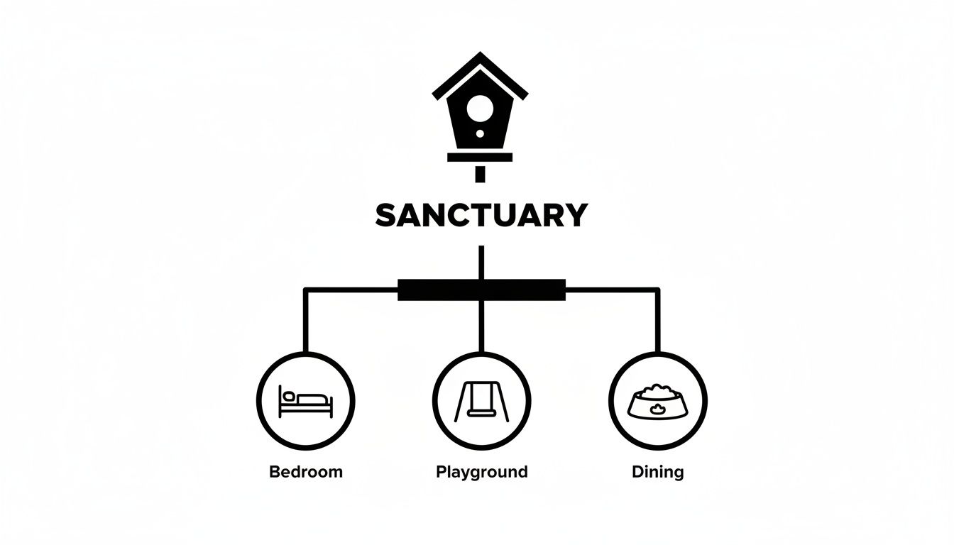 A diagram shows a birdhouse icon above 'Sanctuary,' connecting to 'Bedroom,' 'Playground,' and 'Dining' icons.