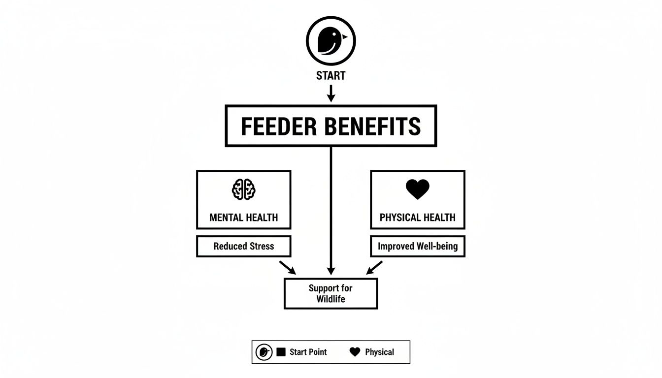 Flowchart illustrating benefits of bird feeders, including mental health, physical health, and wildlife support.