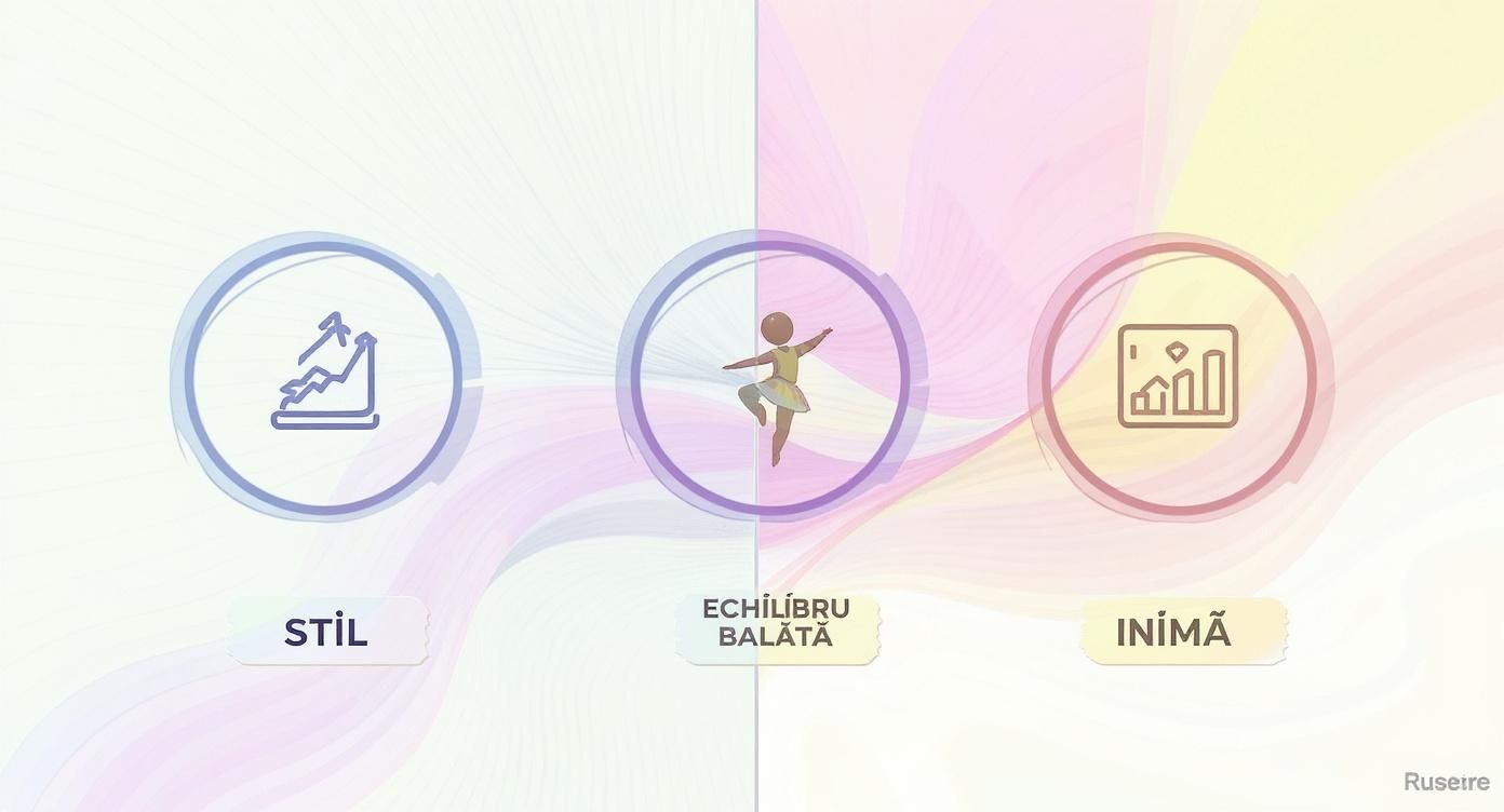 Trei pictograme rotunde ilustrând concepte de stil, echilibru (o balerină) și inimă (un grafic cu un diamant).