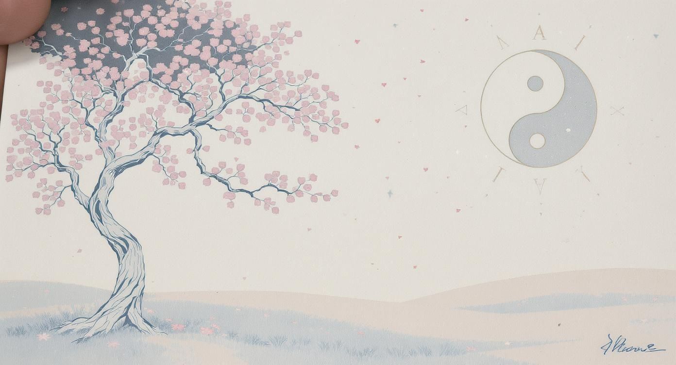 Un cireș înflorit rozaliu și un simbol Yin-Yang înconjurat de cifre romane pe un fundal deschis.