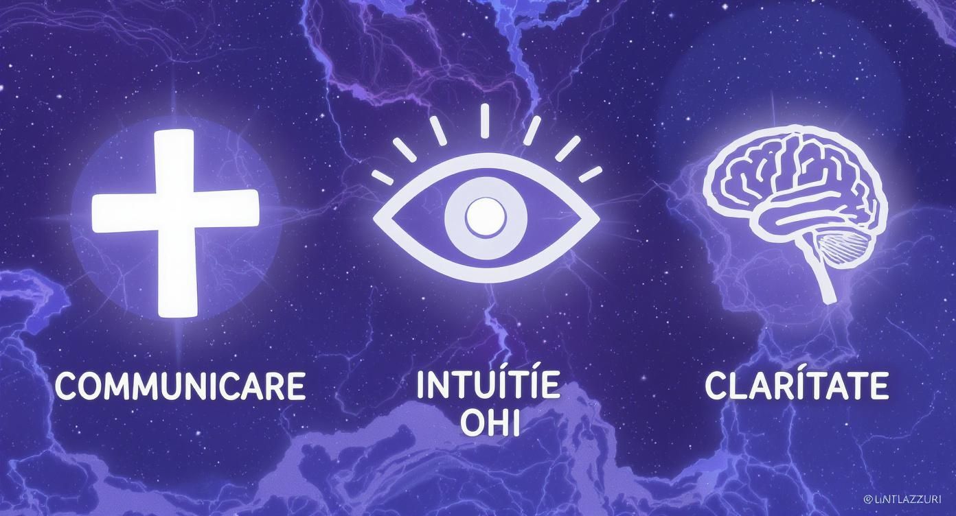Imagine cu simboluri pentru comunicare (plus), intuiție (ochi) și claritate (creier) pe un fundal cosmic.
