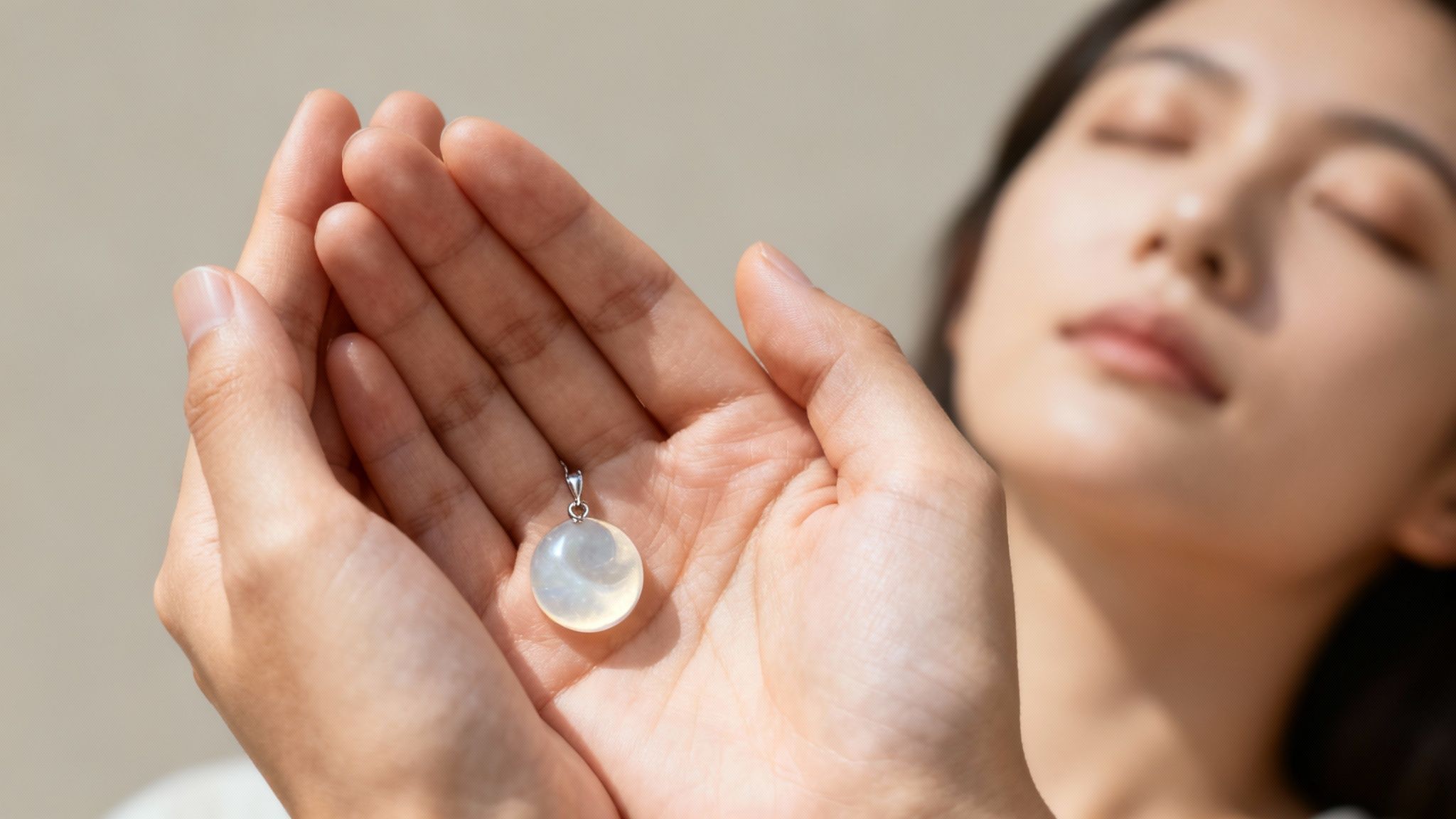 O femeie cu ochii închiși ține cu delicatețe un pandantiv rotund din piatră a lunii în palme.