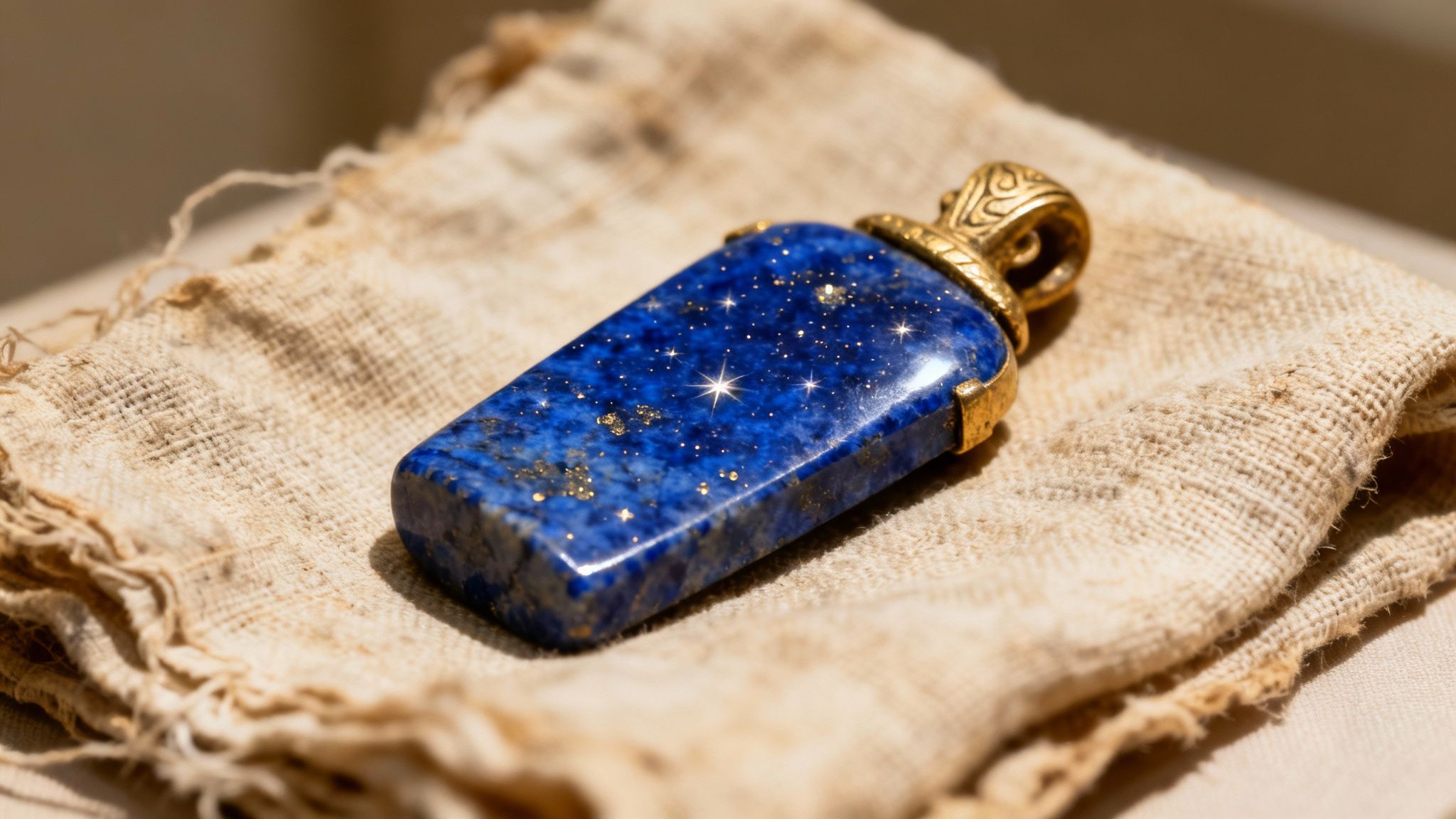 Un pandantiv dreptunghiular din lapis lazuli albastru intens cu sclipiri aurii și stele, așezat pe o pânză texturată.