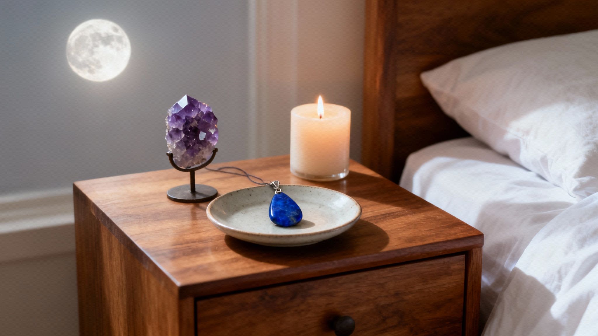 Pe o noptieră din lemn se află un ametist, o lumânare aprinsă și un pandantiv lapis lazuli, cu luna plină pe fundal.