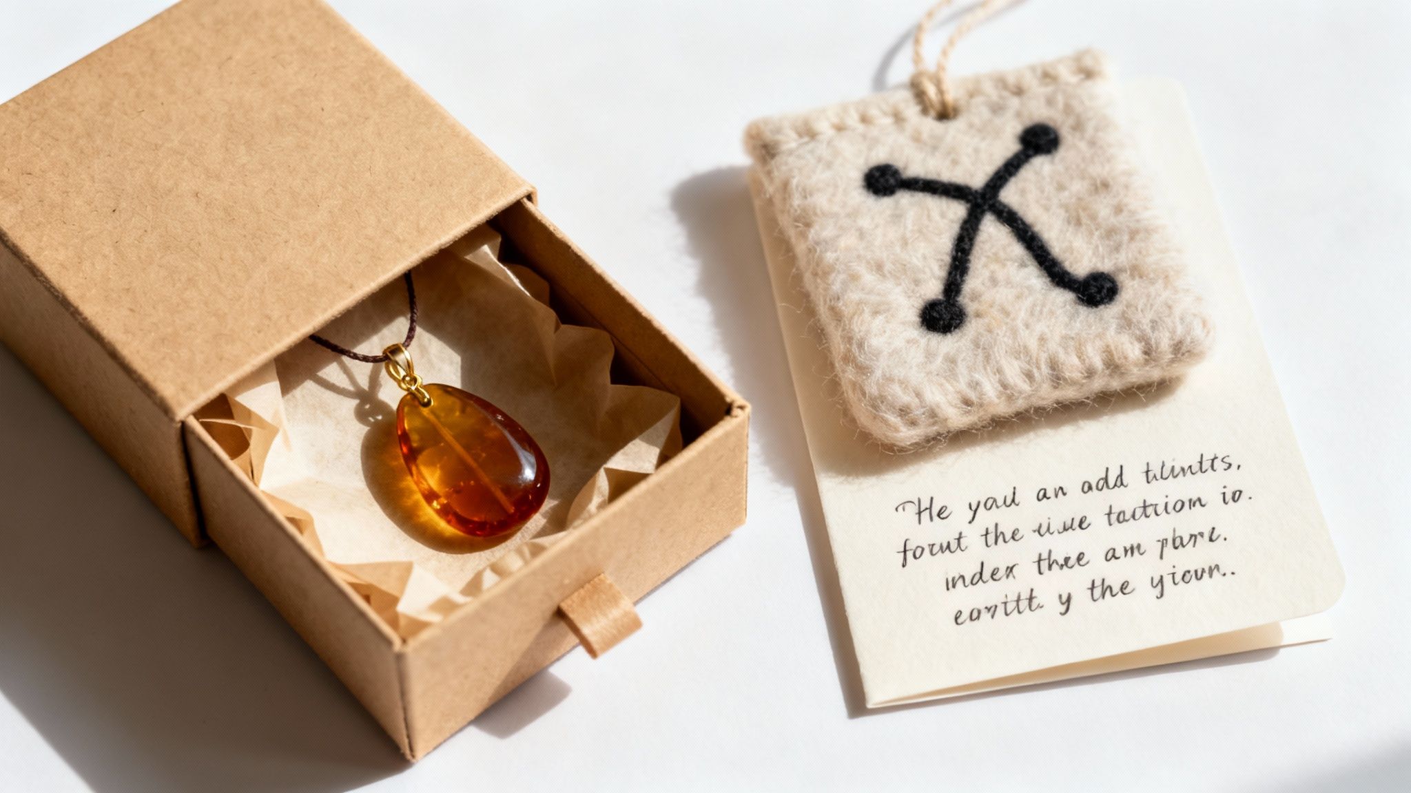 Pandantiv de chihlimbar într-o cutie deschisă, alături de o etichetă decorativă tricotată cu un simbol mistic.