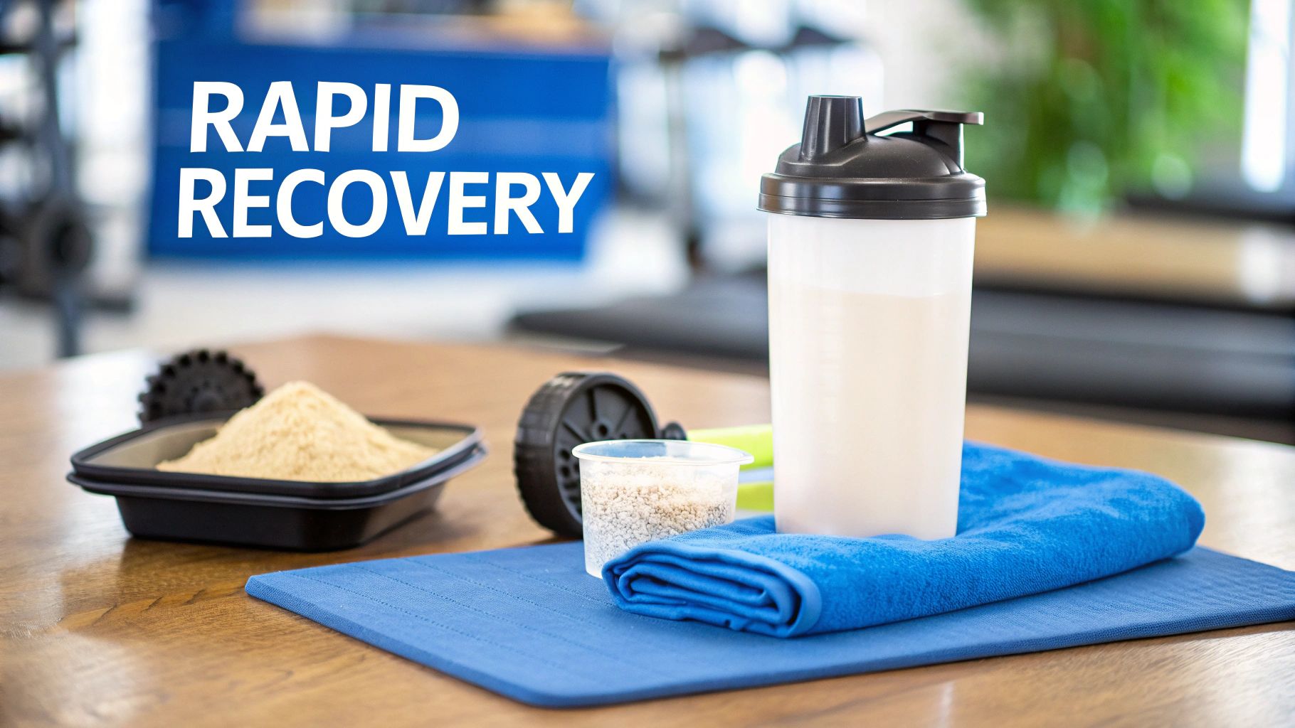 A gym setting with protein powder, a recovery drink in a shaker, and a towel, promoting rapid recovery.