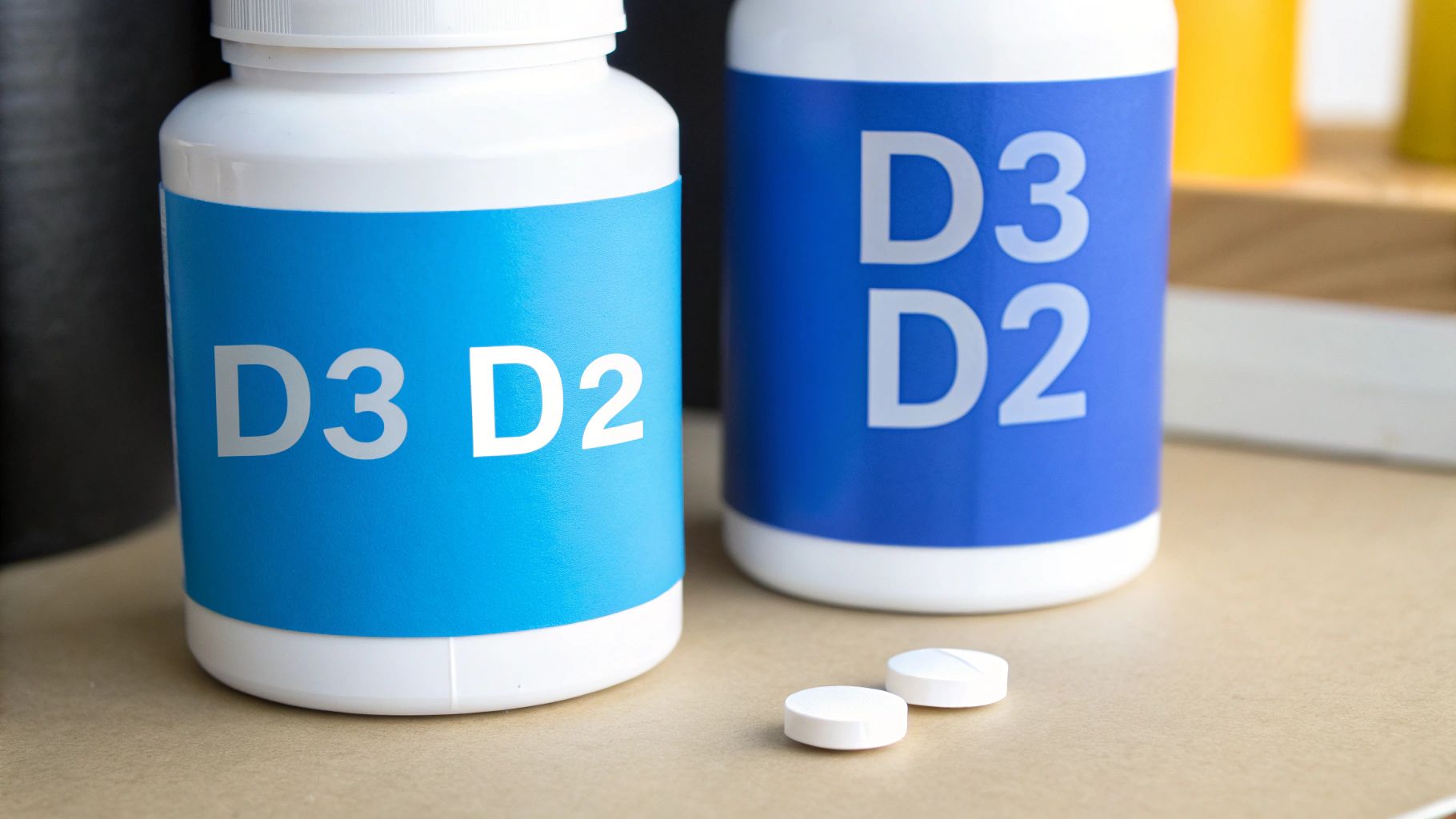 Two white vitamin D3 and D2 supplement bottles with two white pills on a light-colored surface.