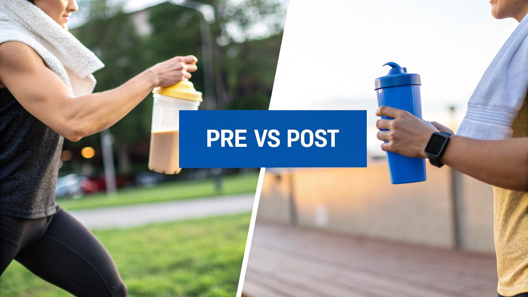 Split image of a person holding a pre-workout shake and another holding a post-workout shake.