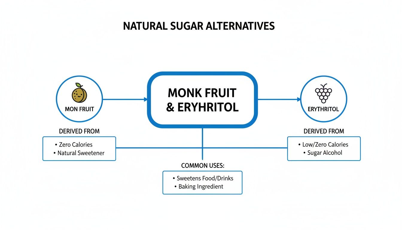A diagram explaining monk fruit and erythritol as natural sugar alternatives, detailing their sources and common uses.