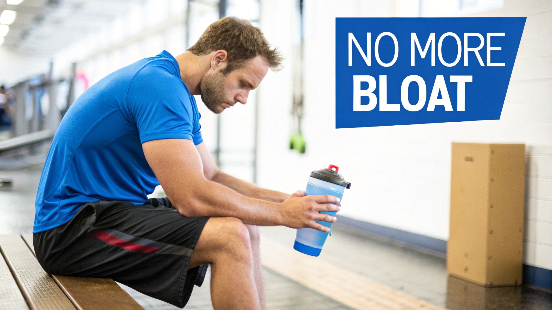 A tired man in a gym holding a protein shaker bottle, with a 'NO MORE BLOAT' text overlay.