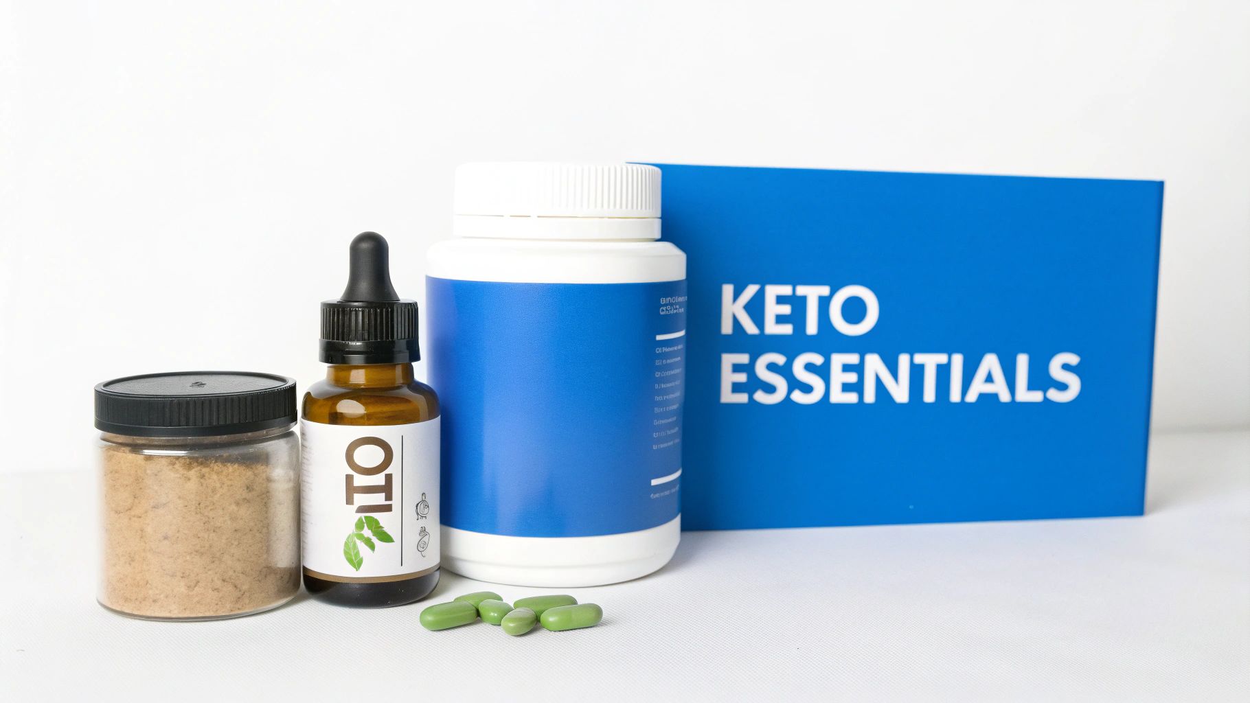 Un assortiment de produits essentiels pour le régime cétogène, comprenant un pot de poudre, un flacon compte-gouttes d'huile, des comprimés de compléments alimentaires et une boîte bleue.