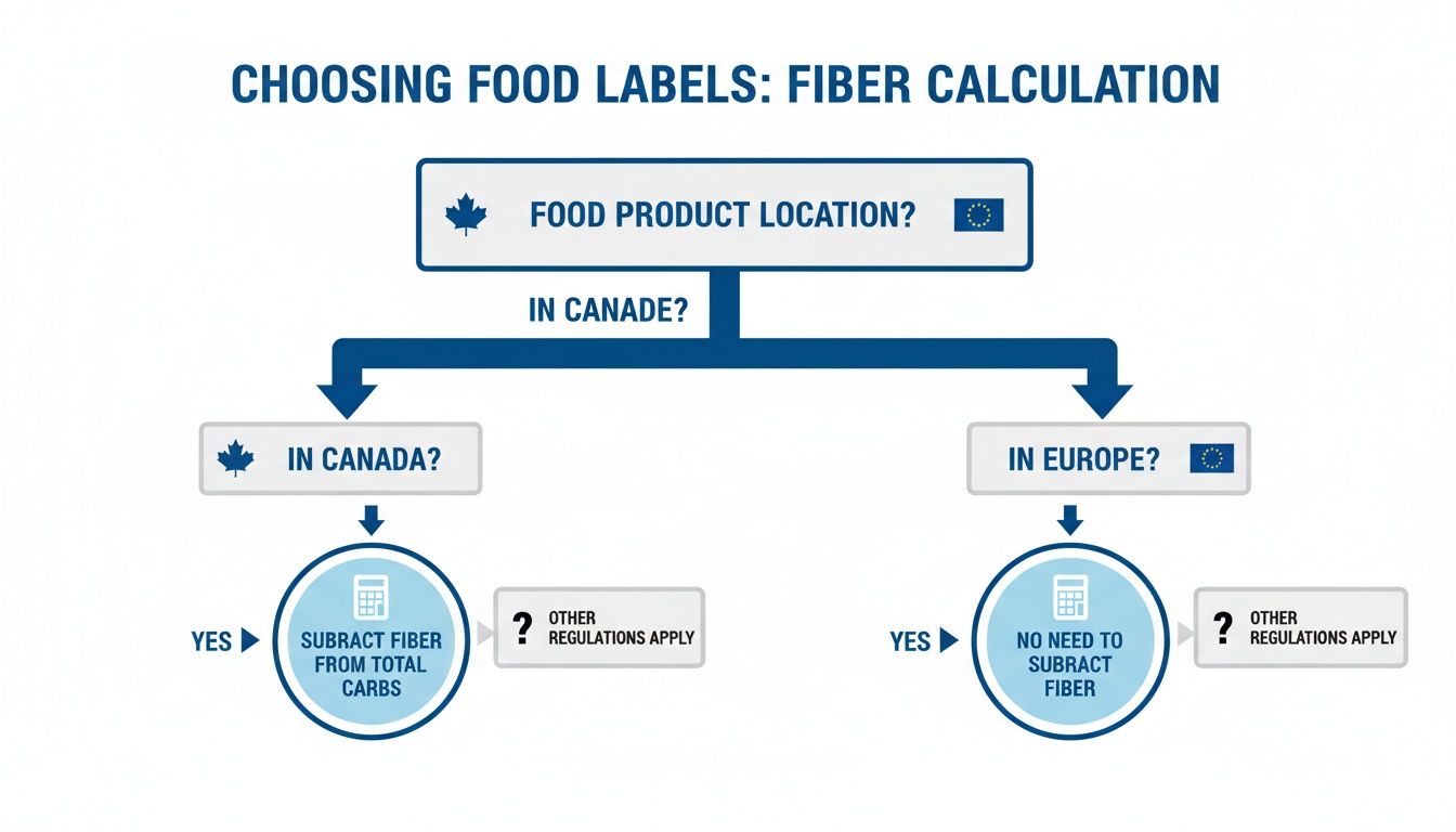 Un organigramme expliquant comment calculer la teneur en fibres pour les étiquettes alimentaires, en faisant la distinction entre les règles du Canada et celles de l'Europe.