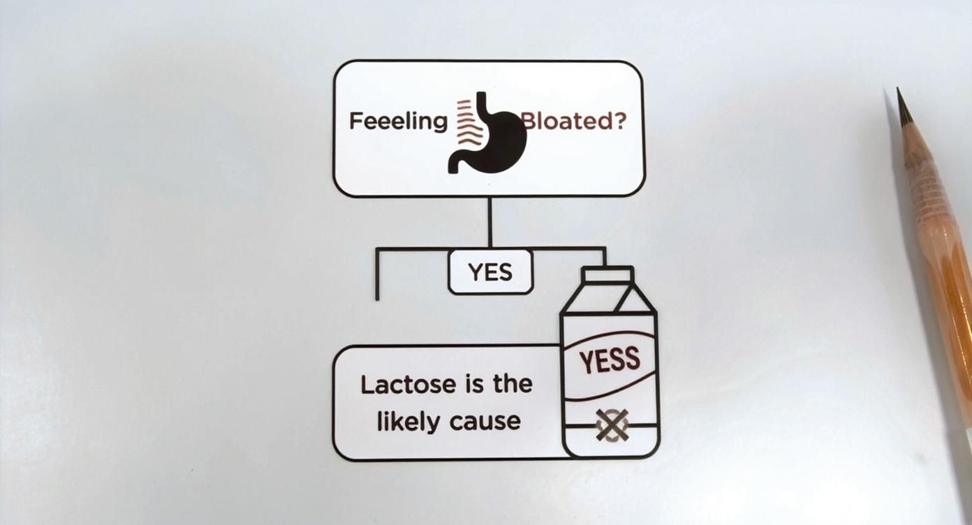 Flowchart connecting bloating to lactose as the likely cause, with a crossed-out milk carton.