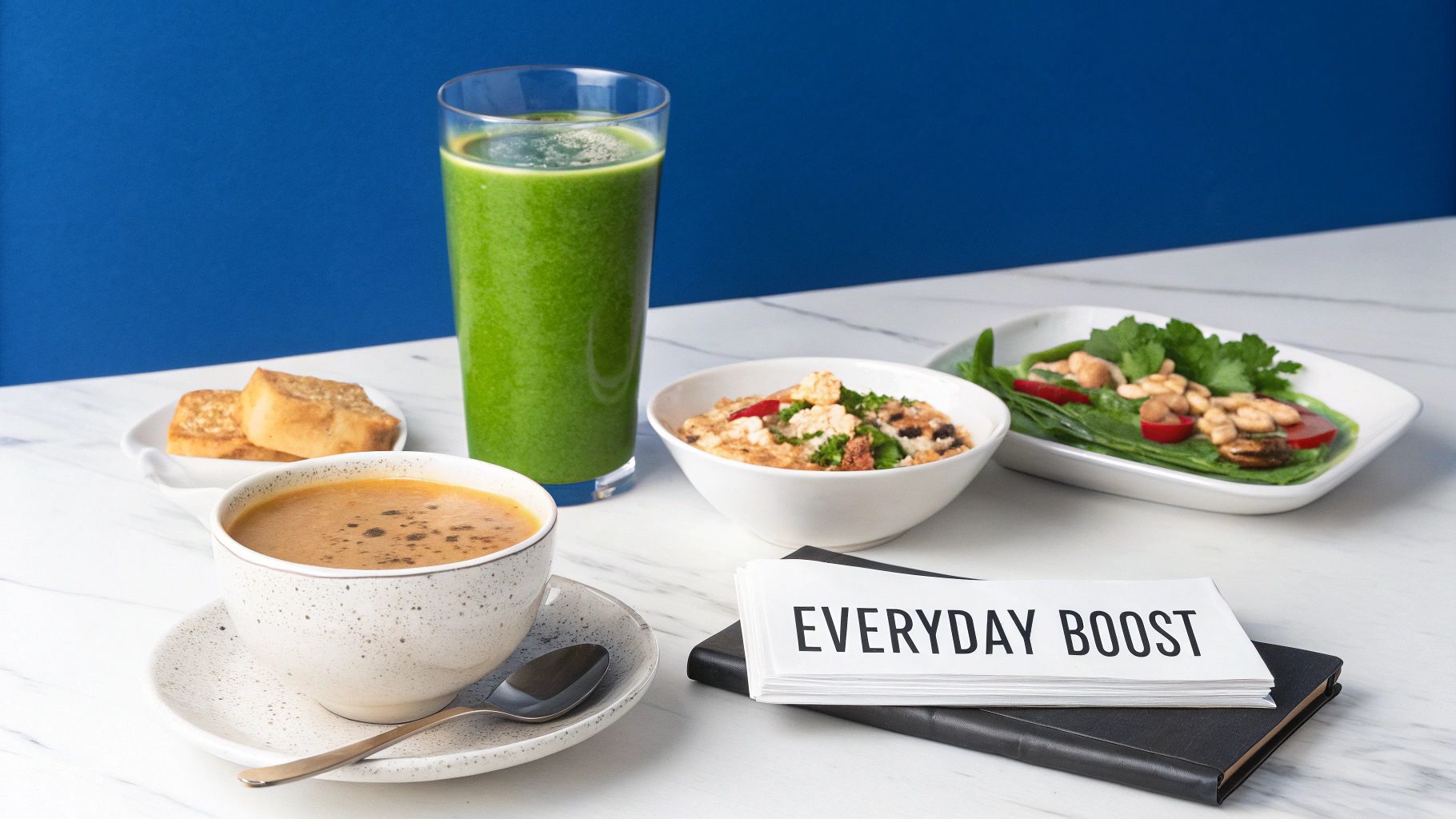 Un repas sain composé d'un smoothie vert, de soupe, de pain grillé, de flocons d'avoine et d'une salade fraîche, présenté sur une table blanche.