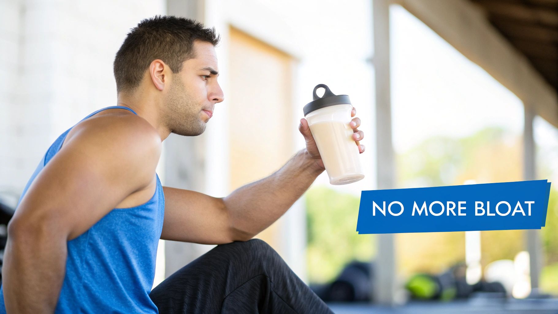 Un homme en pleine forme, vêtu d'un débardeur bleu, tient un shake protéiné, l'air pensif, dans une salle de sport lumineuse.