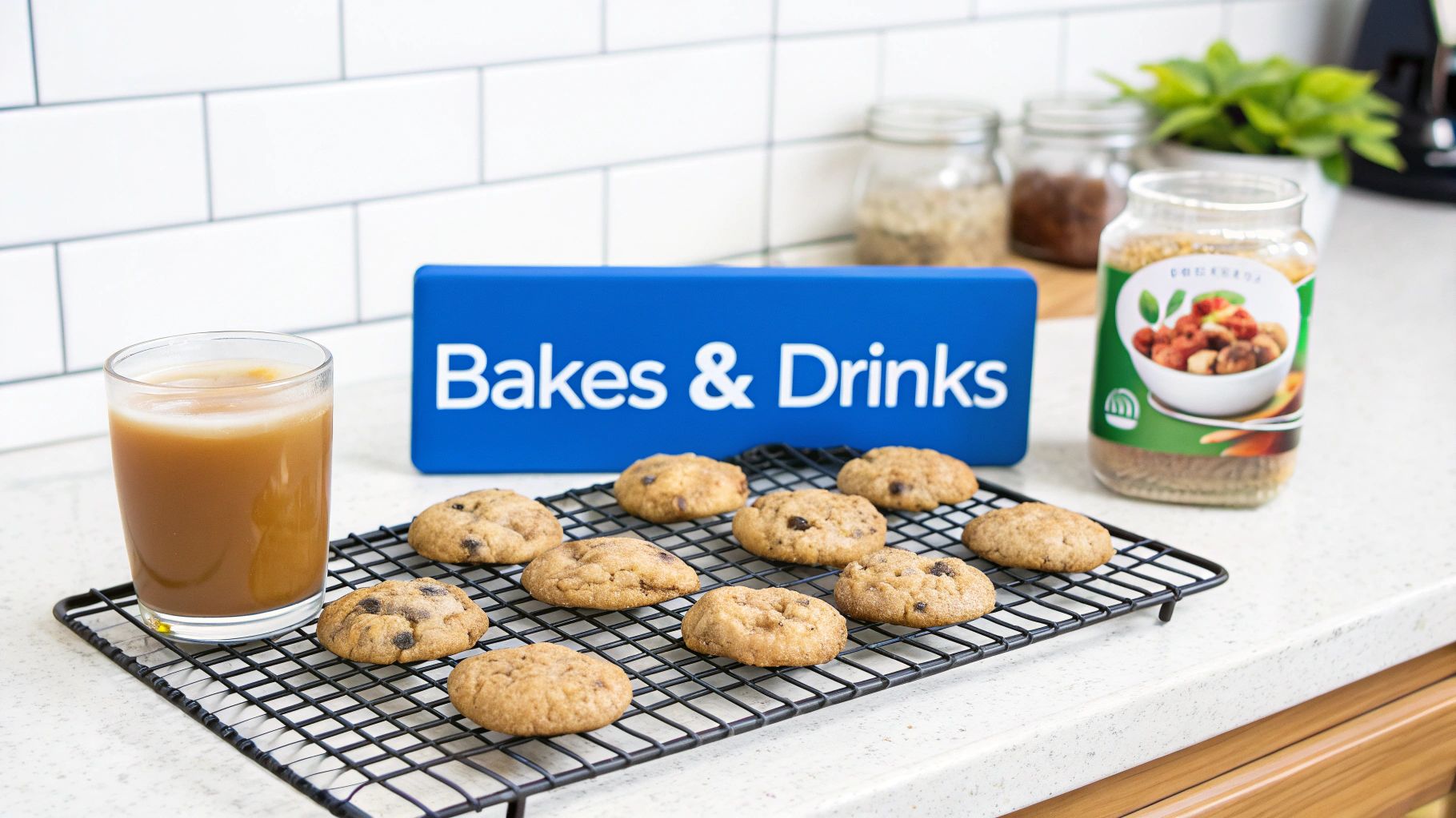 Freshly baked chocolate chip cookies on a cooling rack with a glass of tea and a 'Bakes & Drinks' sign.
