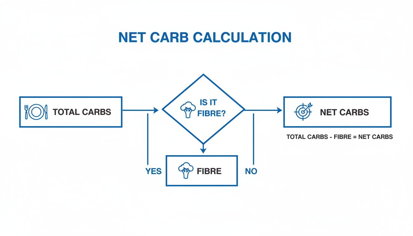 Diagramme illustrant le calcul des glucides nets en soustrayant les fibres des glucides totaux.