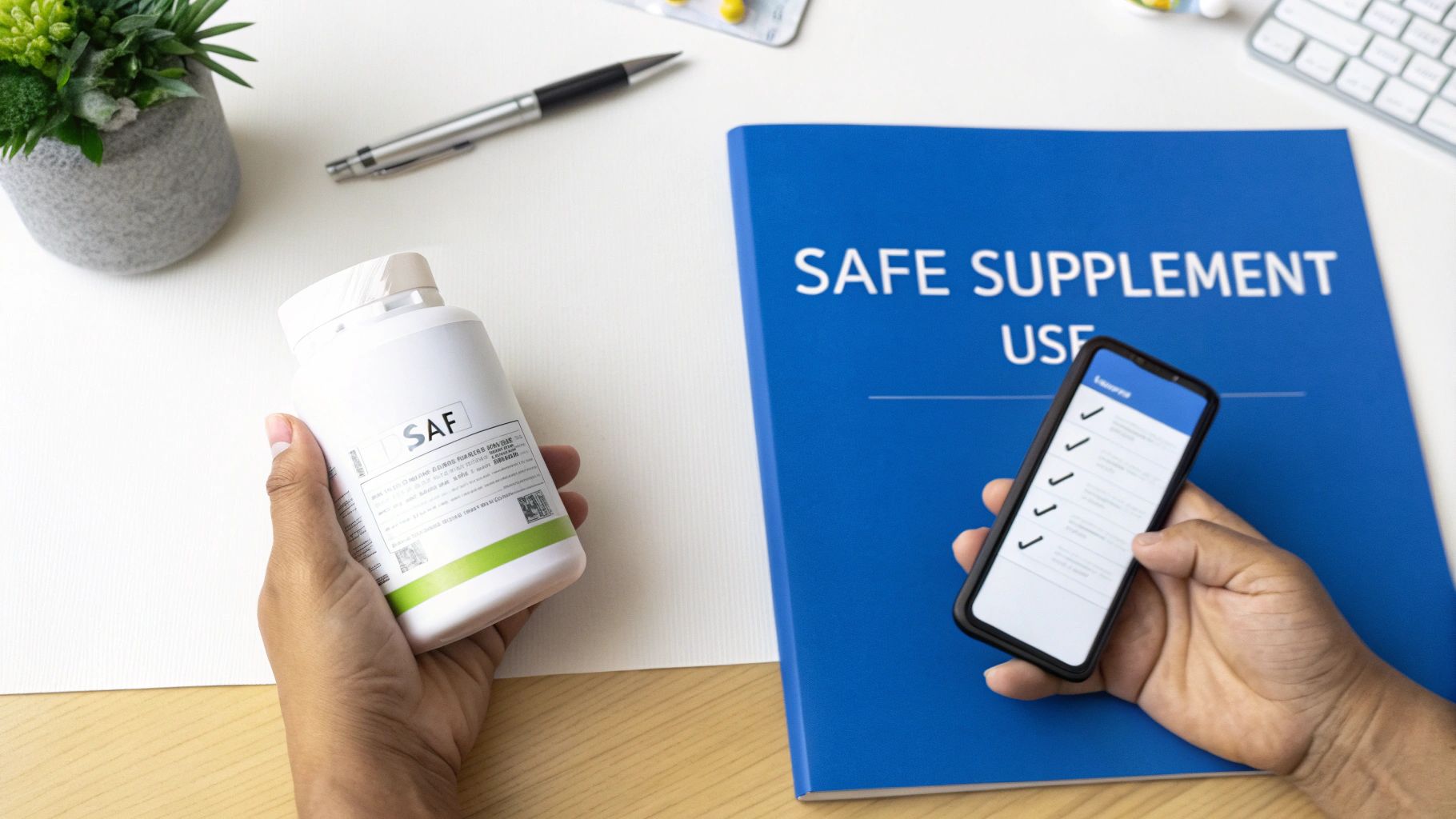 Hands hold a supplement bottle and a smartphone, with a 'Safe Supplement Use' guide nearby.