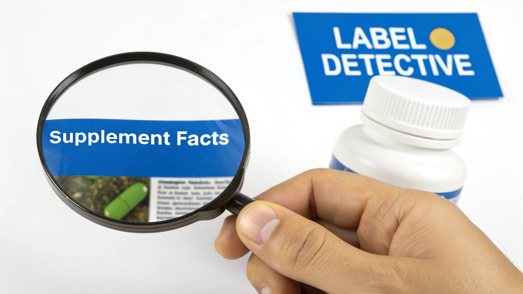 Hand with magnifying glass focused on "Supplement Facts" label, beside a supplement bottle and "Label Detective" card.