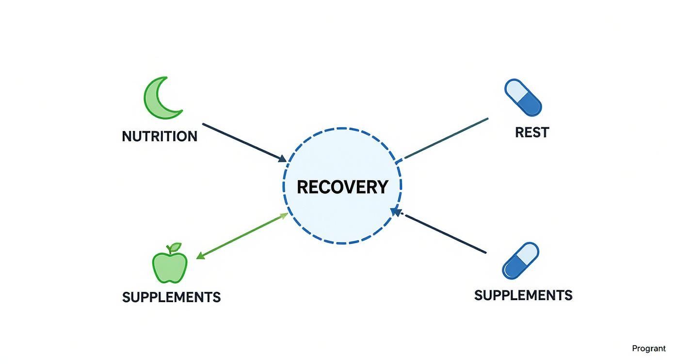 Infographic illustrating that nutrition, rest, and supplements contribute to overall recovery.