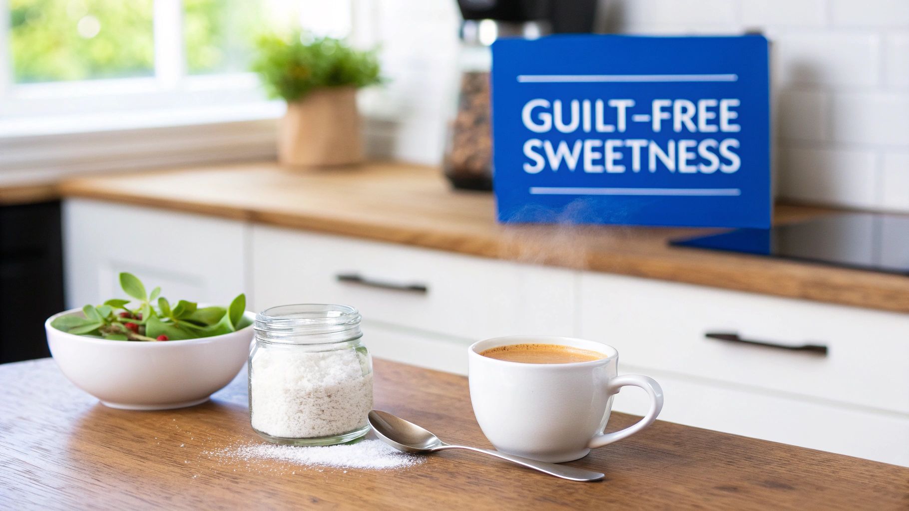 Steaming coffee, jar of sweetener, and monk fruit in a modern kitchen with a 'guilt-free sweetness' sign.