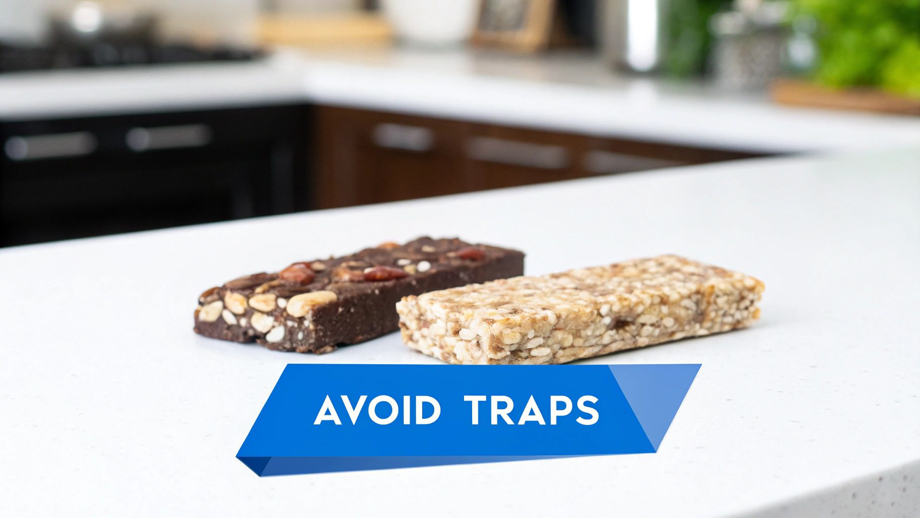 Two different protein bars, one chocolate with nuts and one lighter, on a white counter with an 'AVOID TRAPS' banner.