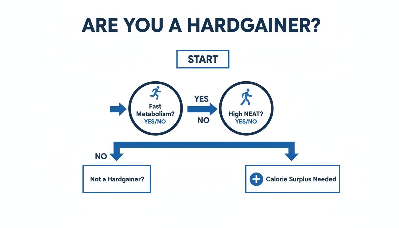 Organigramme permettant de déterminer si vous avez des difficultés à prendre du poids en fonction de votre métabolisme et de votre dépense énergétique non liée à l'exercice (NEAT), et si un surplus calorique est nécessaire.