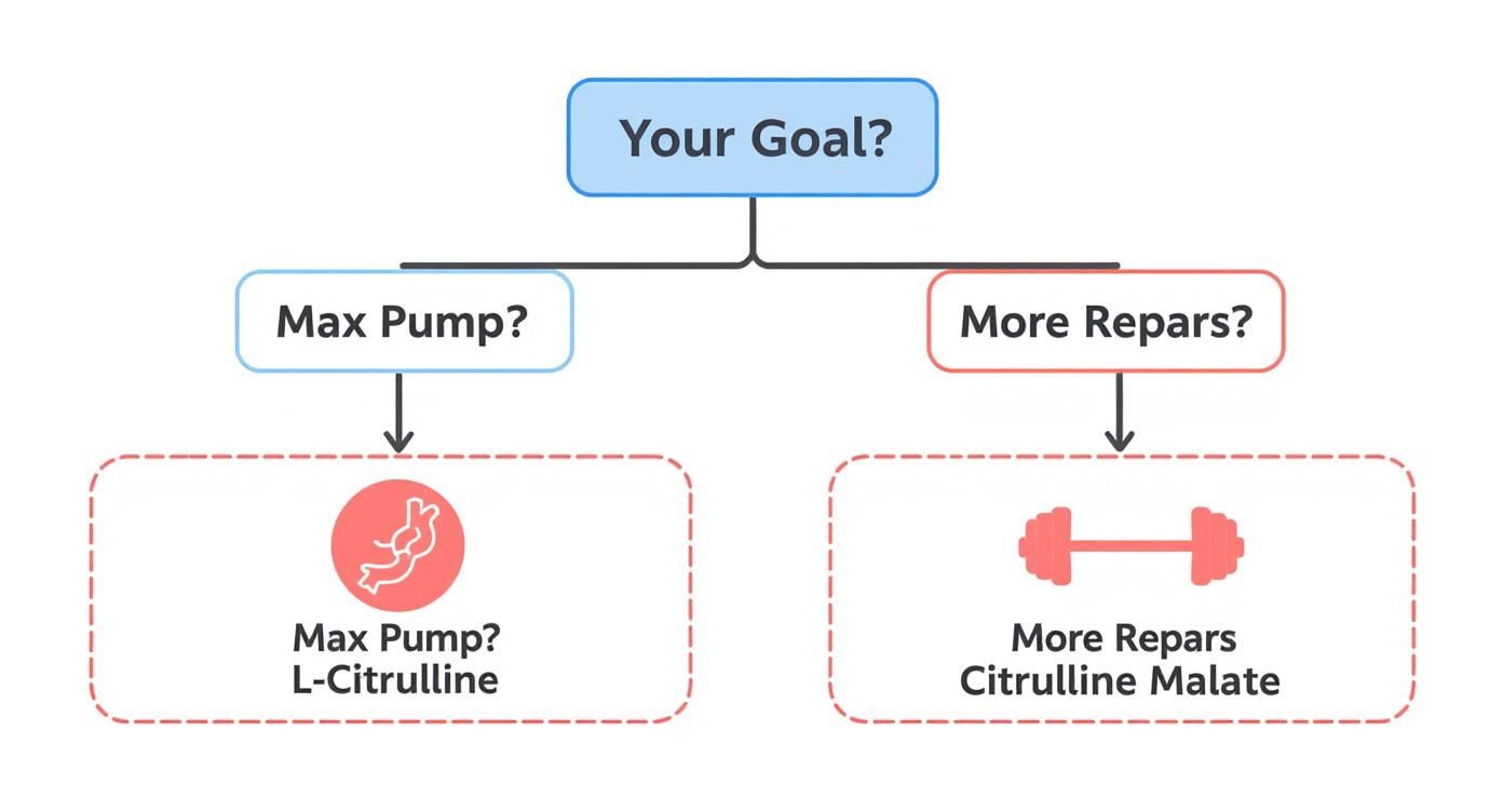 A flowchart guide explaining which citrulline supplement to choose based on fitness goals: L-Citrulline for maximum pump or Citrulline Malate for more repetitions.