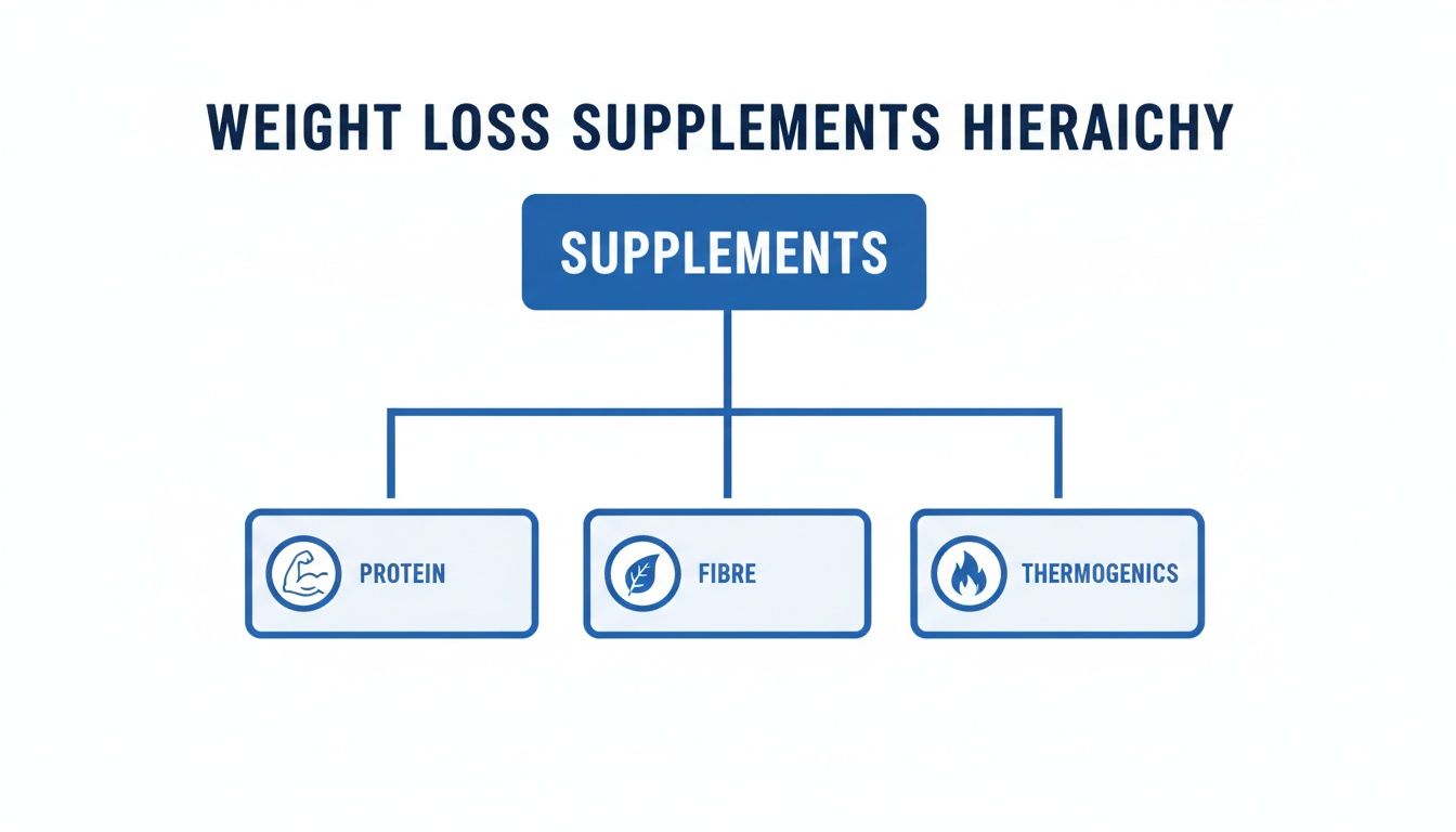 A diagram illustrating the hierarchy of weight loss supplements, including protein, fibre, and thermogenics.